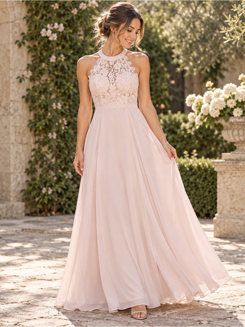 Lulus Blush Pink Lace Halter Maxi Dress Formal Wedding Guest Size S